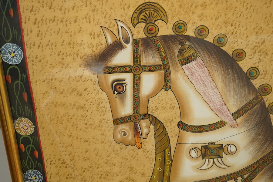 A large 20th century Rajasthani painted silk panel, depicting a horse, 115cm wide
